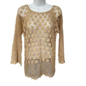 Style Crochet Top 3/4 Sleeves Ecru Beige Size Small See Through Countrycore